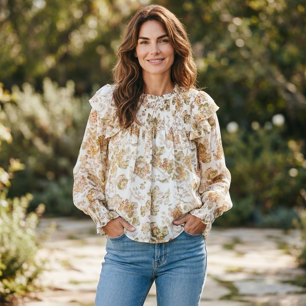 In Loom Floral Smocked Blouse Women Boho Ruffle Top Lined Tie Neck M Cottagecore